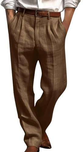 AMhomely Mens Formal Trousers Casual Business Office Work Smart Straight Leg Front Pleated Pants Regular Fit Solid Suit Trousers Long Length Dressy Pants Pocket 03 Brown S