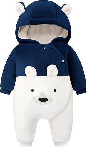 JiAmy Baby vinter overall, varm flanell, sparkdräkt 0–12 månader, Blå och vit, 6-9 månader