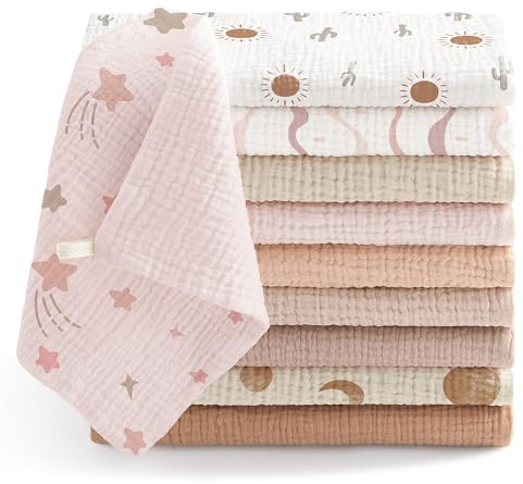 Bearmoss10 Stück Baby Musselin Waschlappen Moltontücher 100% Baumwolle Weiche Spucktücher Baby,Atmungsaktiv und Extrem Saugfähig Musselin Tuch für Saugstark Mulltücher 25 x25cm(RosaBraun)