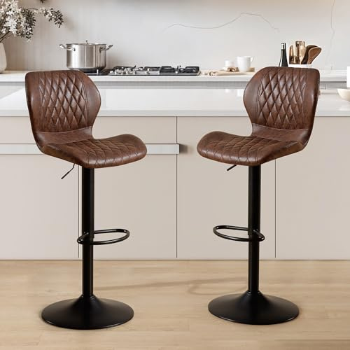YUUIJOAA Barhocker,Bar Stühle mit Lehne, 360°Drehstuhl Küchenstuhl, Höhenverstellbar, PU-Kunstleder, für Esszimmer Heimbar Kücheninsel (Braun, 2 PCS)