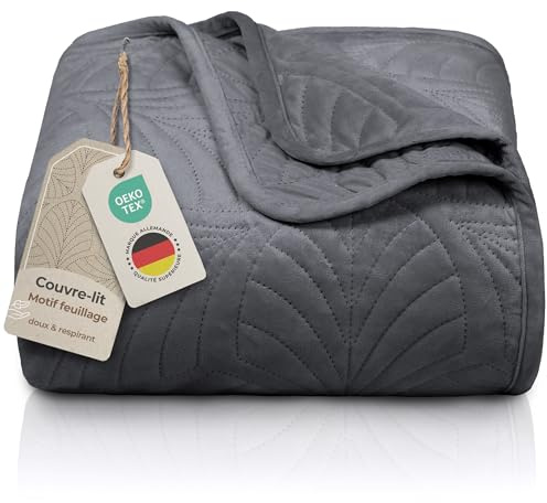 Gräfenstayn Colcha bouti 240x260 cm – cubrecama Acolchado sin Costuras con diseño de Hojas – Manta Decorativa Moderna para Cama o sofá – antirrugas y fácil de cuidar (Antracita)