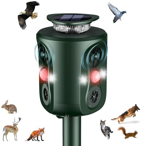 Katzenschreck Ultraschall Solar Tiervertreiber, 360° Marderschreck mit LED-Licht Katzenabwehr Marderabwehr Garten IP66 Wasserdicht 5 Modus Waschbär Abwehr für Katzen Hunde Marder Mäuse Vögel