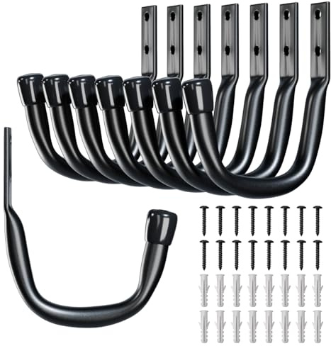 HuiJinXin 8 Pcs Garage Hooks for Hanging Heavy Duty Wall Hooks for Hanging, Ladder HooksShed Hook Wall Mounted, Garage Hanger Brackets Holder Hook for Garden Tools Bike Hose Indoor Outdoor Use