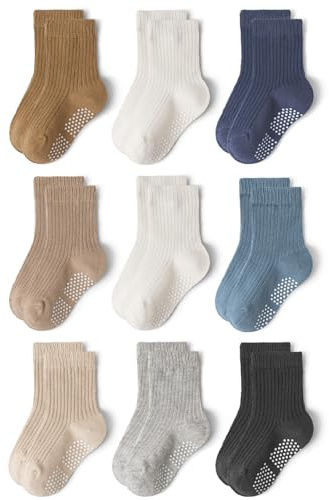 Bearbay Baby Toddler Essentials Non-Slip Crew Socks for Unisex Boys Girls | Full-Sole Silicone Grips,Combed Cotton,9 Pairs Neutral Colors,Reinforced Heel & Toe,Elastic Cuff,Machine Washable