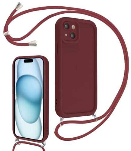 Coalbooliy Cover per iPhone 15 6,1 con Cordino per Cellulare, Custodia Silicone con Regolabile Collana Sottile Morbida Case Protezione della fotocamera Antiurto con Necklace, Rosso