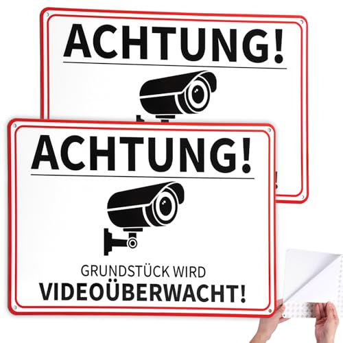 2 Stück 30x20cm Achtung Grundstück Wird Videoüberwachung Schild Aluminium | Videoüberwachung Privatgrundstück Schilder, Schilder Kameraüberwachung mit UV-Schutz für den Außenbereich