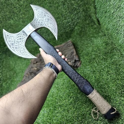 Hand-Forged Viking Double Axe – Carbon Steel Double Blade, Wooden Handle, Nordic Design, Outdoor Camping Hunting Gift, 100% Handmade with Leather Cover