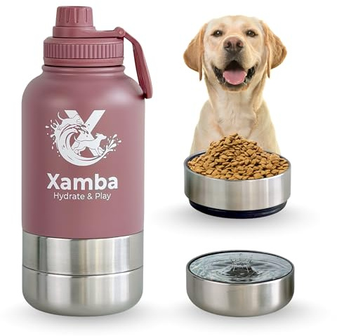 Xamba 3-in-1 Dog Travel Water Bottle 32oz (1000ml) – Stainless Steel Leak-Proof Pet Water Bottle with Detachable Food & Water Bowls for Walking, Hiking & Travel (Rose Pink)