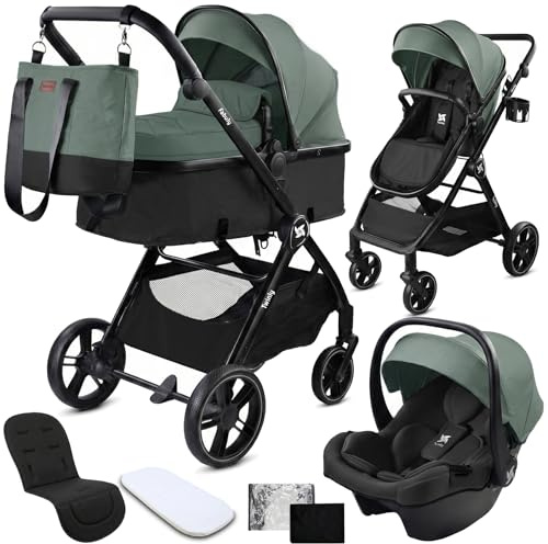 Twinly Carrito de Bebe 3 en 1 – Carro Bebe 3 Piezas Convertible con Grupo 0 (i-Size), Capazo y Silla de Paseo – FABULY – Plegable y Ligero con Bolso, Plástico Lluvia y saco – (Verde)