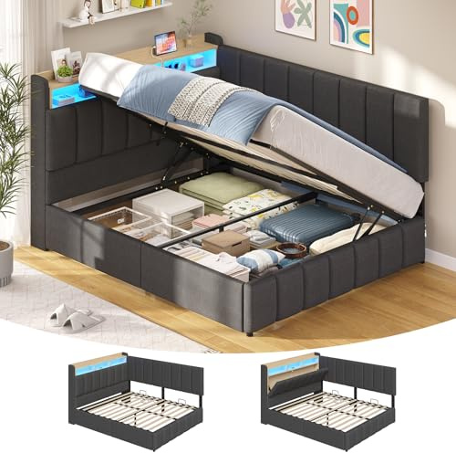 Polsterbett mit LED Beleuchtung, Jugendbett 140 x 200 cm, boxspringbett mit Ladestation, Kopfteil mit verstecktem Stauraum, Bettgestell mit großer Bettkasten, für Schlafzimmer, Gästezimmer, Grau
