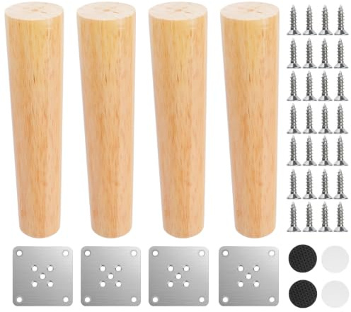 4 Pz Piedini per Mobili in Legno 20cm, Piedi per Mobili, Gambe per Mobilie, Gambe Tavolo, Piedi Letto, Piedini per Divano Letto Dritte e Affusolate per Tavoli, Cassettiere, Sedie, con Accessori
