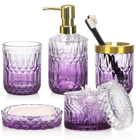 Hebaogugu Badaccessoires-Set, lila Farbverlauf, 5-teilig | Stilvolles Badezimmer deko Set mit Seifenspender, Seifenschale, Zahnputzbecher, Zahnbürstenhalter, Wattestäbchenbehälter