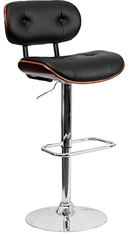 Flash Furniture Magnus - Taburete de Bar de Madera Curvada de Nogal con Asiento de Vinilo Negro con botón