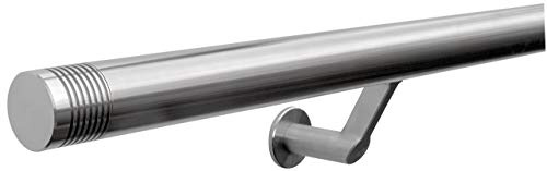 Seagull Balustrades Stainless Steel Stair Handrail - 320-Grit, Satin Brushed Polished Bannister Rail - Pre-Assembled with Contemporary Brackets - Select Length - Multi-Groove Ends - Made in UK