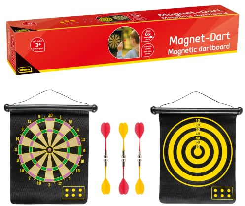 Idena 40462 - Jeu de fléchettes avec 2 plateaux et 6 fléchettes magnétiques, jouable sur 2 faces, pour l'intérieur et l'extérieur, Coloré