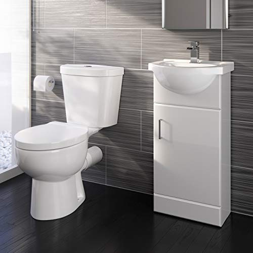 iBathUK Vanity Unit Furniture Set Cloakroom, Wash Basin Bathroom Sink, Soft Close Toilet Seat, Dual Flush,Quartz Closed Coupled Toilet Set-Gloss White (Flat Pack)