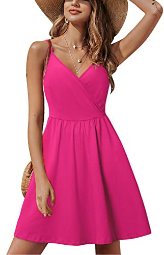 STYLEWORD Women's V Neck Spaghetti Strap Summer Dress Skater Casual Dress Swing Midi Sundress with Pockets (Rose-429,M)