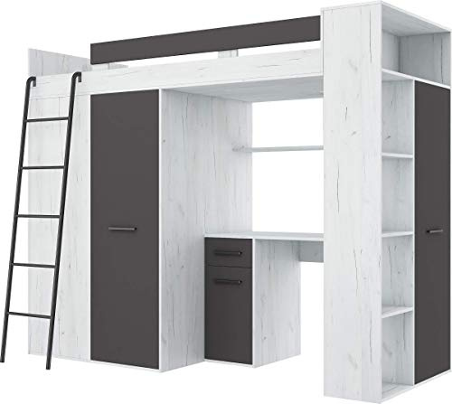 FurnitureByJDM Hochbett mit Schreibtisch, Kleiderschrank und Bücherregal | Loftbett für Kinder - Komplettes Möbelset 236x120x190 cm - 90x200 cm Bettgröße - Linke Leiter - VERANA - (Craft Weiß/Graphit)