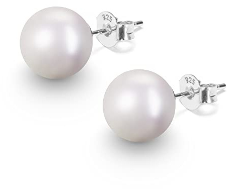 Pendientes de Perlas Blanca Plata de ley 925 para Mujeres, Cierre Presión Hipoalergénicas (10 mm)