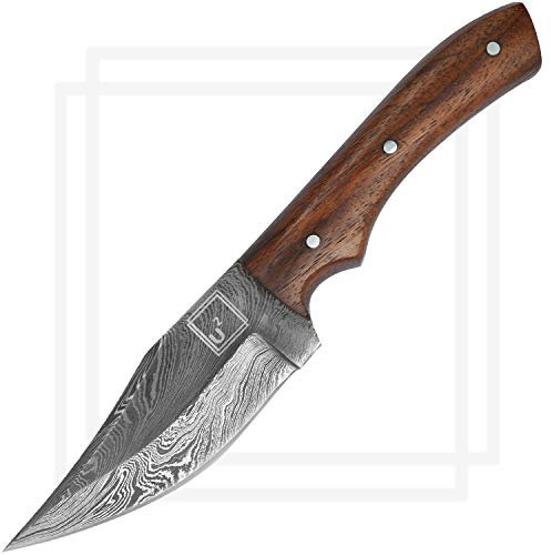 USQUARE UE-013, Cuchillo de Caza de Acero Damasco de 20,32 cm con Vaina, Cuchillo de Hoja Fija, Cuchillo bushcraft, Mango de Nogal, Espiga Completa, diseñado para Caza y Camping