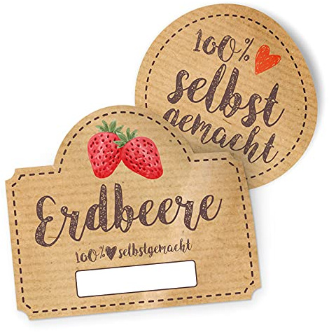 Marmeladenetiketten selbstklebend – 20 Sticker für Marmelade & Selbstgemachtes – 10 Deckel Etiketten rund + 10 Glasetiketten – mit Beschriftungsfeld (Erdbeere)