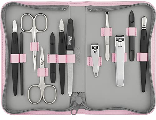 Solingen Manikür Set 12 teilig - Nagelset Herren und Damen mit allem was man für die Maniküre und Pediküre braucht, in hochwertigem Kunstleder Etui