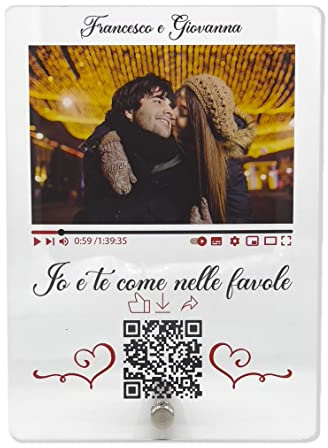 Placa de música o vídeo You Tube o personalizada con foto, nombre, etc. en plexiglás transparente con código QR escaneable. Idea regalo original cumpleaños, novios, amigos, boda (15 x 20 cm)