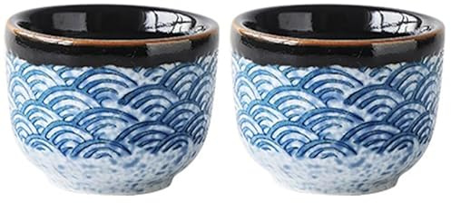 DOITOOL Japanese Style Ceramic Sake Cups Set of 2 75Ml Sea Ripples Design Glazed Sake Serving Cups for Home Bar Party and Tea