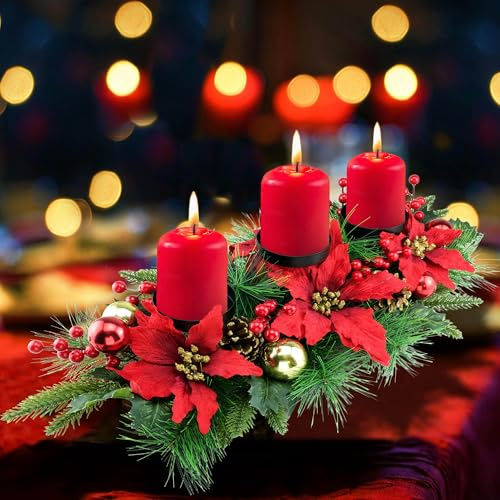 71.1 cm Weihnachts-Dreifach-Kerzenleuchter, Urlaubskerzenhalter mit DREI Tabletts, Weihnachtsstern, roten und goldenen Kugeln, roten Beeren, Stechpalmenblättern, Fichtenzweigen