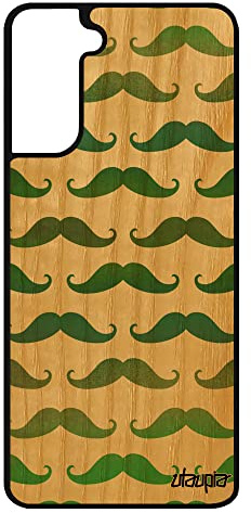 utaupia Coque pour Samsung S21 FE en Bois Naturel veritable Silicone Moustache Motif Vintage Fantaisie Telephone Mobile Vert Peinture Galaxy