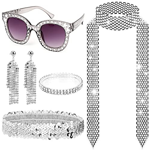 HOWAF Disco Accessoires 70er Jahre Kostüm Glitzer Baskenmütze Disco Hut Pailletten Stulpen Disco Brille Sonnenbrille Discokugel Ohrringe 70er 80er Jahre Outfit Damen für Fasching Karneval Kostüm