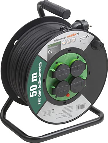 Meister Kabeltrommel H05RR-F3G1,5, IP44 - 50 m Kabel - Thermoschutz-Schalter - Outdoor / Kabelrolle mit 4 Schuko-Steckdosen / Kabelbox mit Verlängerungskabel / Leitungsroller mit Kurbel / 7436030