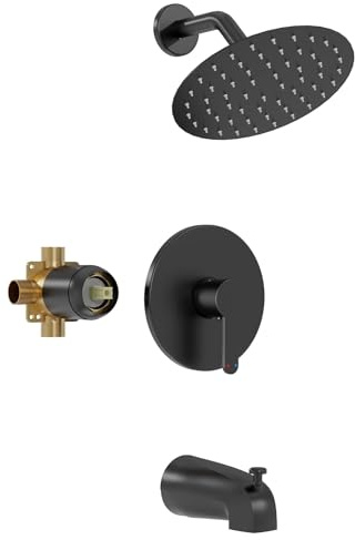 Kurpot Tub Shower Faucet Set, 8 Inch Matte Black Shower Head and Handle Set, High Pressure Bathtub Shower Faucet with Valve, Tub Spout and Trim Kit, Bathroom Shower Faucet Sets Complete, Black