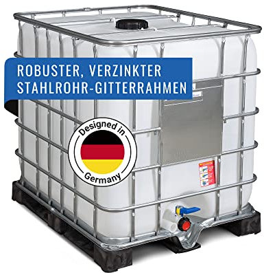 DENIOS® IBC Container 1000L - Neuware Premium mit extra PE Palette - Behälter, Wassertank, Container Regentonne Regenwassertank mit Stahlrahmenpalette
