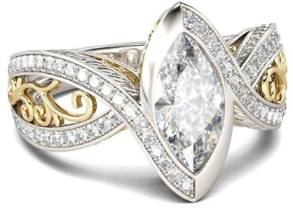 Jeulia Bague vintage en argent sterling bicolore taille marquise pour femme et fille avec boîte à bijoux (Argent, Or Jaune, 50(15.7))