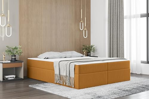 Kaiser Möbel - Bett 160x200 cm, Boxspringbett mit Matratze und Bettkasten, Polsterbett für Schlafzimmer und Jugendzimmer, Gepolstertes Doppelbett mit Stauraum, Kaltschaum Topper - Ruben - Senffarbe