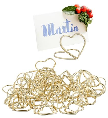 Relaxdays Tischkartenhalter Herz, 48er Set, Kartenhalter Tischkarten, Menükarten, Postkarten, Fotos, Aufsteller, Gold