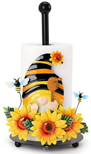 Qmetalart Sunflower Gnome Paper Towel Holder, Gnome Honey Bees Kitchen Bathroom Decor Modern Accessories Metal Farmhouse Large Paper Towel Stand for Countertops Swedish Gnome Lover Gifts