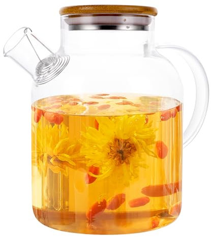 WOPPLXY 1800ML Theiere avec Infuseur et Couvercle en Bois, Transparent Carafe Thé Glacé pour les Boissons Chaudes et Froides