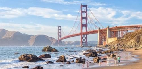 adrium Acryl-Bild 120 x 60 cm: Klassischer Panoramablick auf die berühmte Golden Gate Bridge vom malerischen Baker Beach aus im wunderschönen goldenen (95111926)