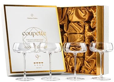 Copas Coupette de Cristal para Champán y Cóctel | Juego de 4 | 260 ml | Cristalería Cupé de Tallo Largo para Espresso Martini, Manhattan, Cosmopolitan, Daiquiri | Platillos Elegantes