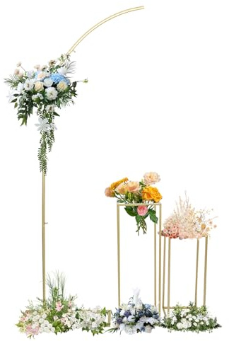 Hochzeitsbogen Hintergrund Ständer, Metall Halbe Bogen Ballon Gestell mit 2 Stück Geometrische Blumenständer Luftballon Rahmen Set für Hochzeiten Geburtstags Party Dekoration (Golden)