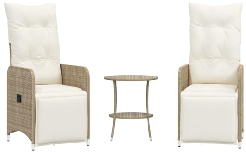 vidaXL Gartensessel 2 STK. Verstellbar mit Tisch Beige Poly Rattan