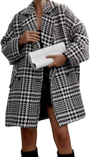 Suncadmious Manteau d'hiver en Laine Pied-de-Poule à Double Boutonnage pour Femmes, Trench-Coat d'hiver Formel à Carreaux à Revers cranté