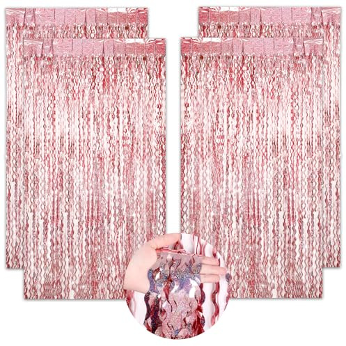 4 Stück Lametta Vorhang Glitzervorhang Lametta Glitzer Vorhang Geburtstag Party Vorhang Fotovorhang Geburtstagsdeko Party Glitzer Geburtstag Deko Gender Reveal Party Deko(1 m x 2 m) (Roségold)