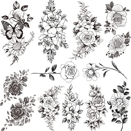 Lilbitty 10 Blatt Temporäre Tattoos Für Frauen, 3D Schwarze Blumen Designs, Langanhaltende Und Nicht Toxische Tattoo-Klebestreifen Für Jeden Anlass