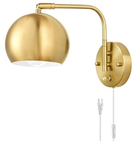 AoLa Gold Wandlampe Dimmbar mit Schalter Wandleuchte Mit Stecker und Kabel E27 Verstellbare Wandbeleuchtung Innen Retro Industrial Wand Leselampe aus Metall für Schlafzimmer Büro Wohnzimmer,1pack