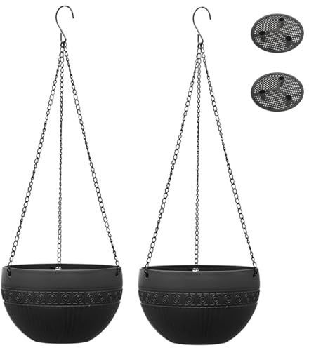 Lawnrden Hanging Baskets, 2Pcs Self-Watering Outdoor Hanging Planter with Rustproof Chains, Plastic Flower Pots with Drainage Hole for Indoors, Outdoors, Ceilings