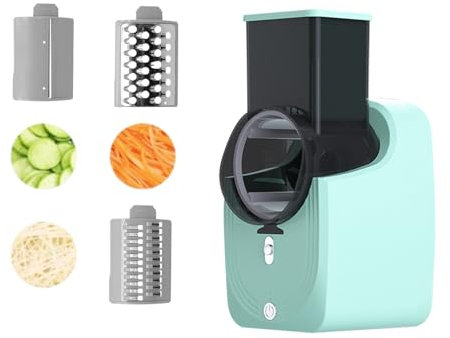 Rallador eléctrico para verduras con 3 cuchillas diferentes, 50 W, con caja de almacenamiento, rallador para frutas y verduras, cocina, restaurante (verde)