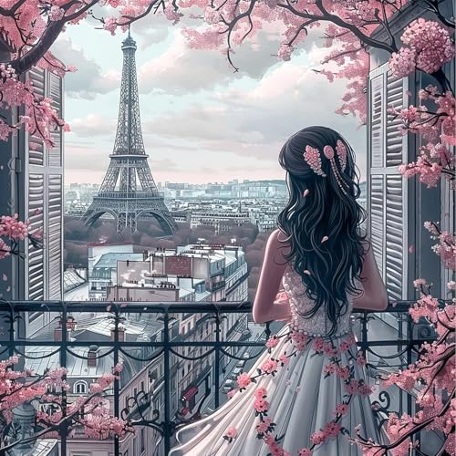 NEWENMO 5D Eiffel Tower Diamond Painting Bilder Erwachsene,Elegante Dame Diamant Painting Bastelset,Schöne Kirschblüte Diamant Malerei Kit,Diamond Painting Set,für Anfänger Hause Dekoration-30x30cm